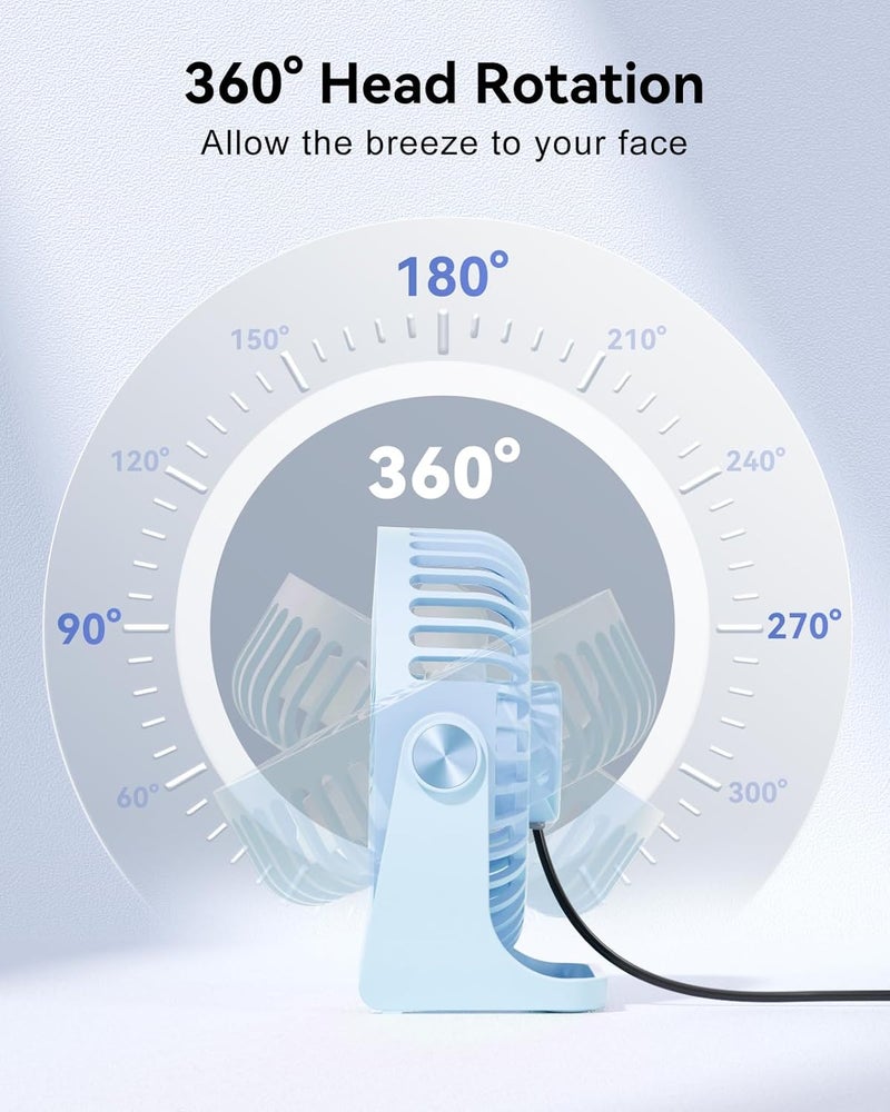 Edvision USB Desk Fan, 5 Inch Small Portable, 3 Speeds Powerful Wind Mini Personal Desktop Fan 360° Rotation Adjustable, Plug In USB Fan Quiet for Table Home Office Travel Car(Blue) - Image 3